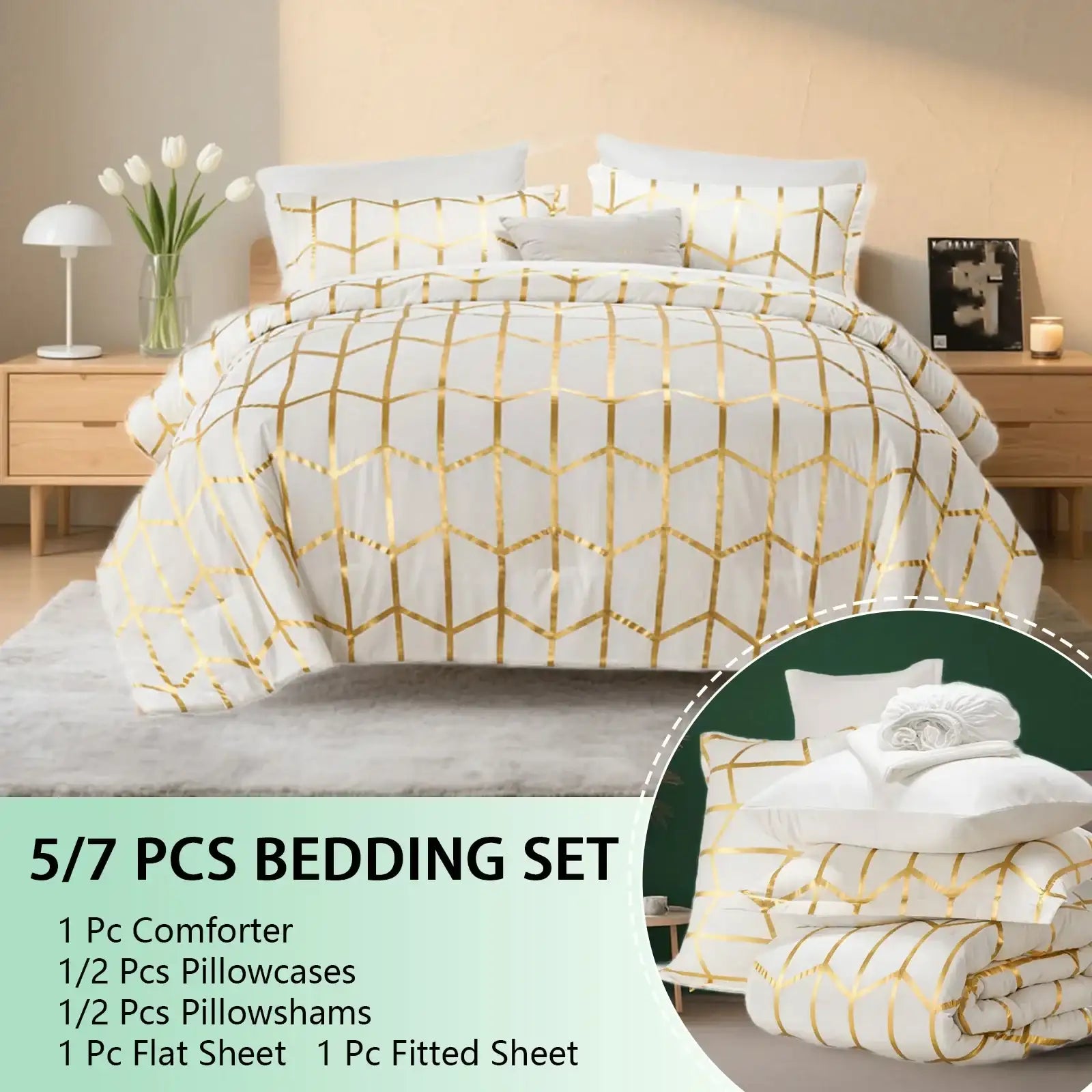 5/7Pcs elegant gold foil Comforter Sets Queen,soft microfiber,light and breathable,machine washable,suitable for all seasons