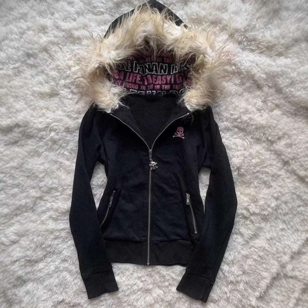 Designed fur collar long-sleeved hooded sweatshirt jacket Harajuku retro hottie new casual loose cardigan slim short top y2k