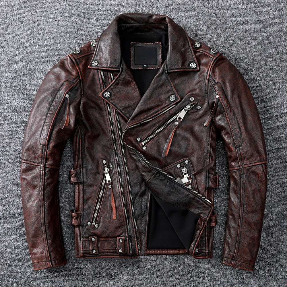 Vintage Brown Motorcycle Leather Jacket Men Natural Genuine Cowhide Ja