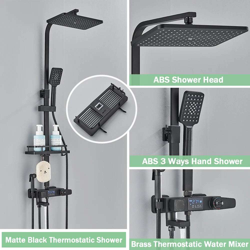 Black Digital Display Thermostatic Shower Faucet Bathroom Thermostatic 4 ways Rainfall Shower Mixer Tap,Shelf and Bidet Faucets