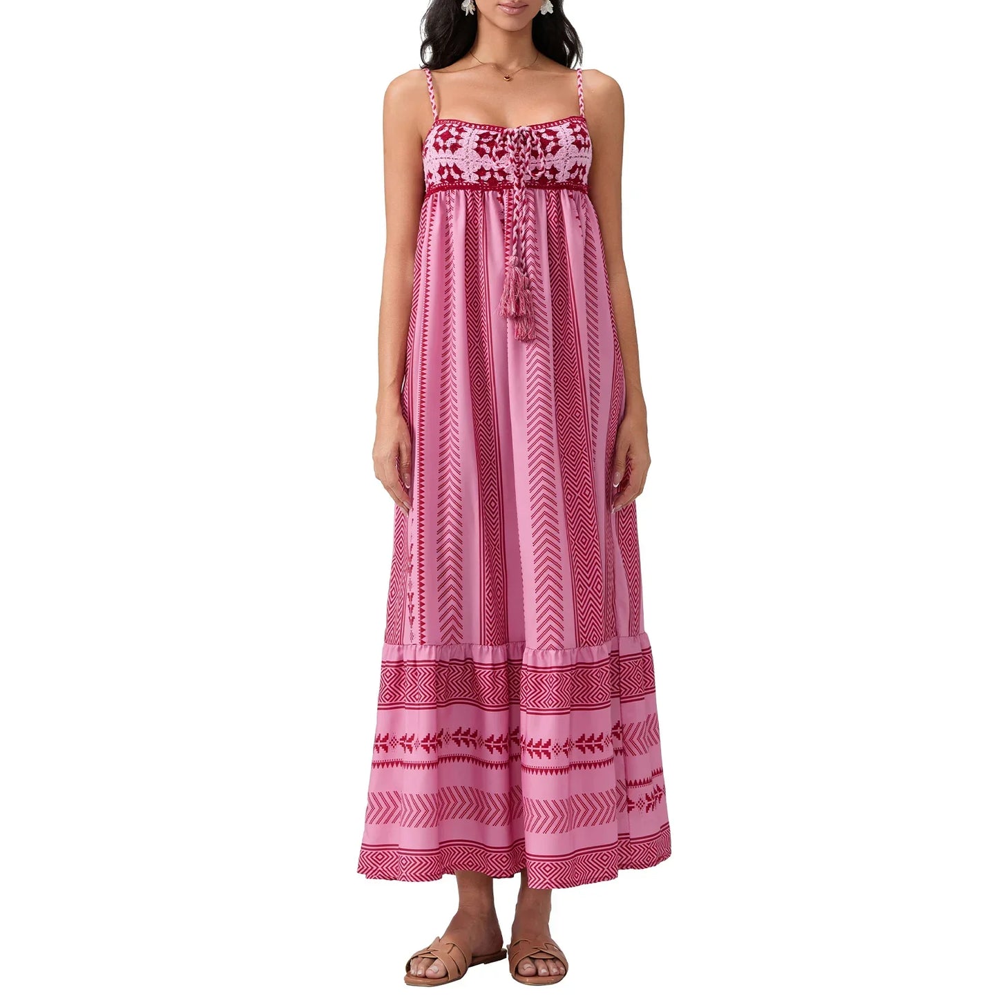 Elegant Floral Print Sleeveless Maxi Dress with Crochet Detailing and Tassel Accents for Beach Wedding Guest Outfit