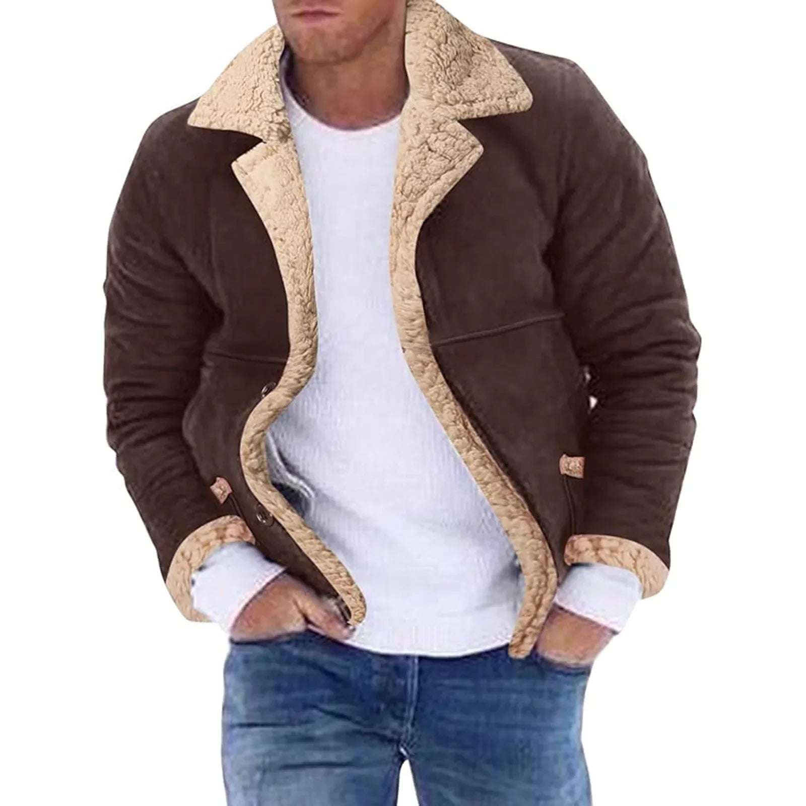 Men s Winter Fleece Coats with Turn Down Collar and Button Down Closur