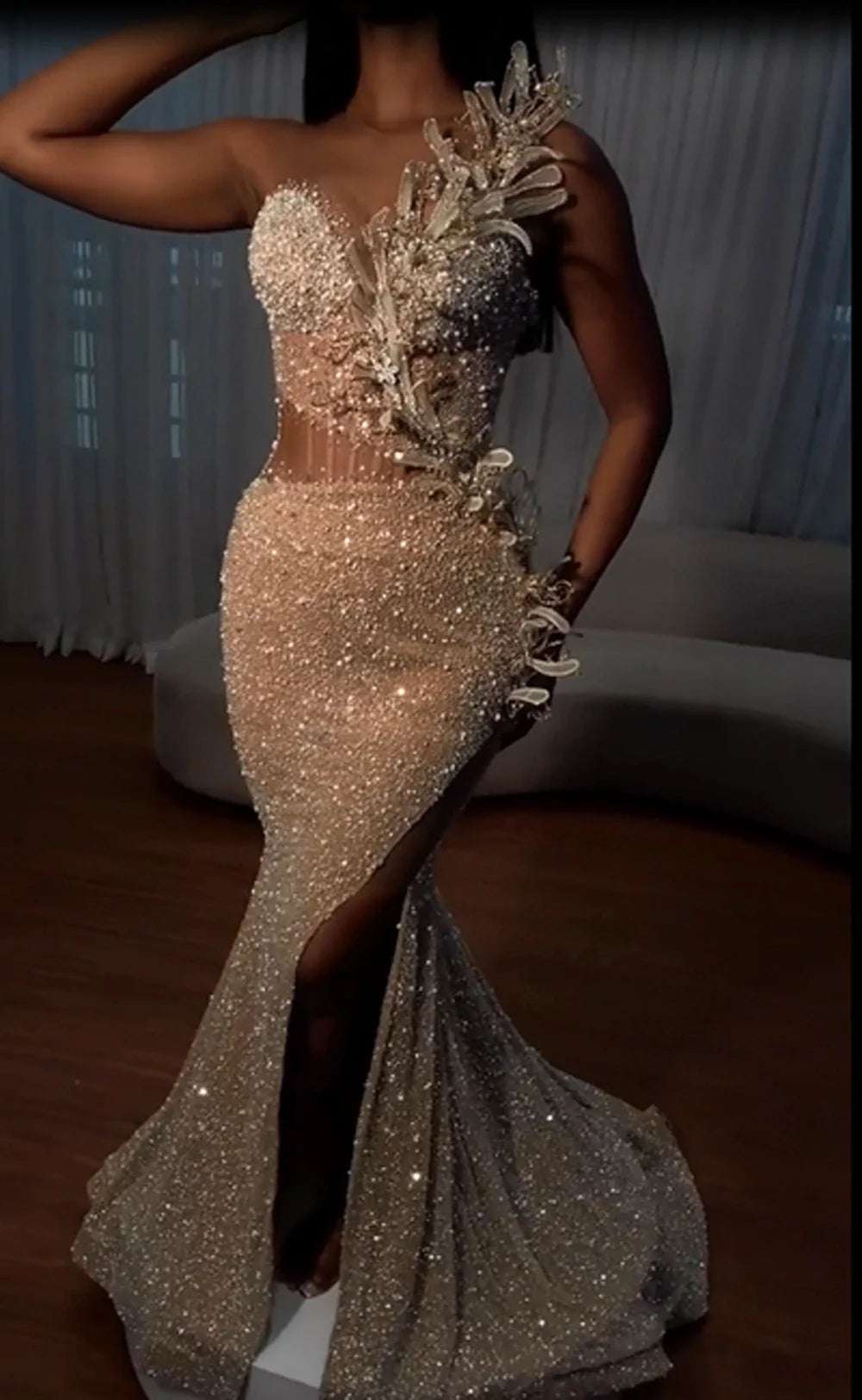 US Tariff Free Sparkly Pearls Mermaid Black Girl Evening Dress Gorgeous High Slit 3D Floral Prom Dresses 2025 Wedding Party Dresses