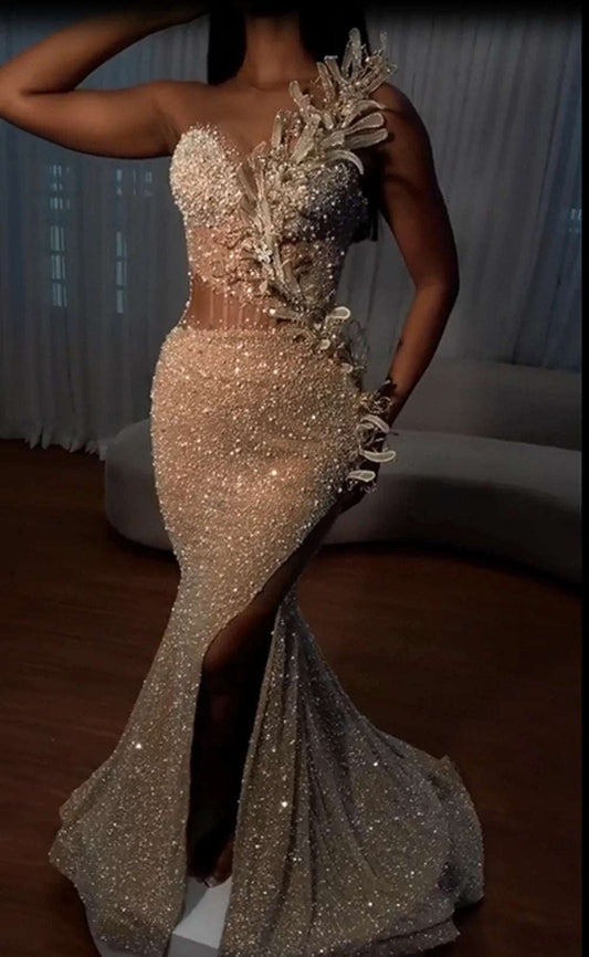 US Tariff Free Sparkly Pearls Mermaid Black Girl Evening Dress Gorgeous High Slit 3D Floral Prom Dresses 2025 Wedding Party Dresses