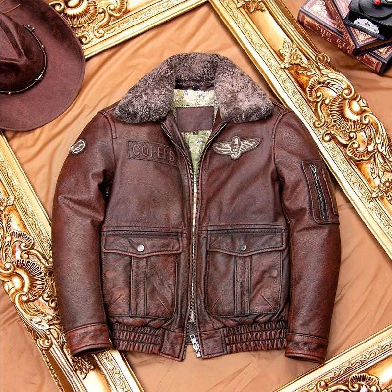 YR!Best.Classic G1 style genuine leather jacket.Mens Vintage Brown cow