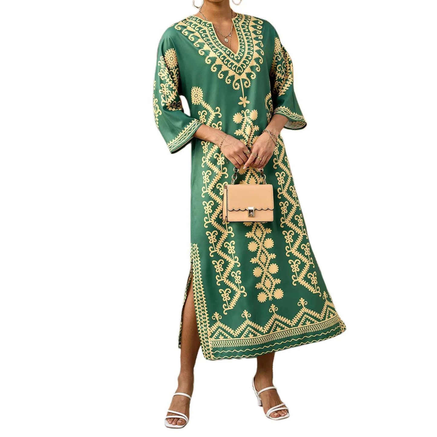 Elegante vestido largo con cuello en V y mangas 3/4 con estampado retro, perfecto para Ramadán, túnica árabe, caftán para mujer.