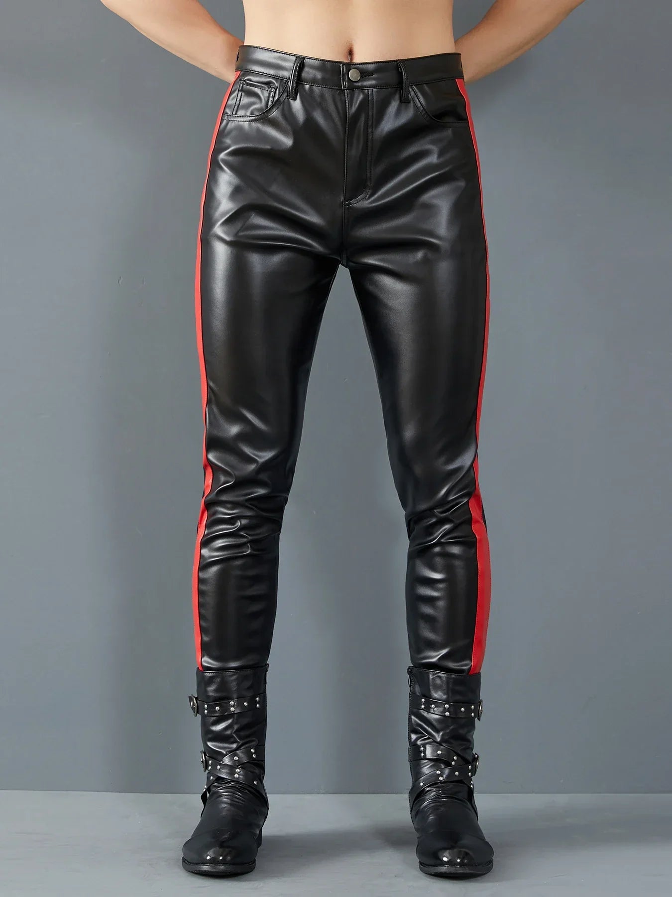 Men`s Gothic Business Slim Fit Five Pockets PU Faux Leather Casual Pants Stretchy Concerts Night Club Dance Party Jeans Trousers