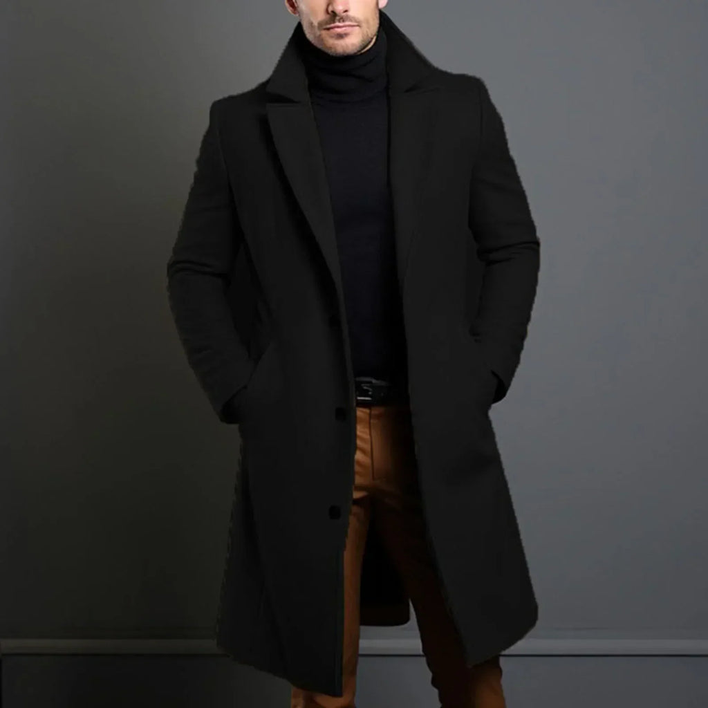 Warm And Comfortable Black Trench Coat For Men Long Sleeve Single Brea