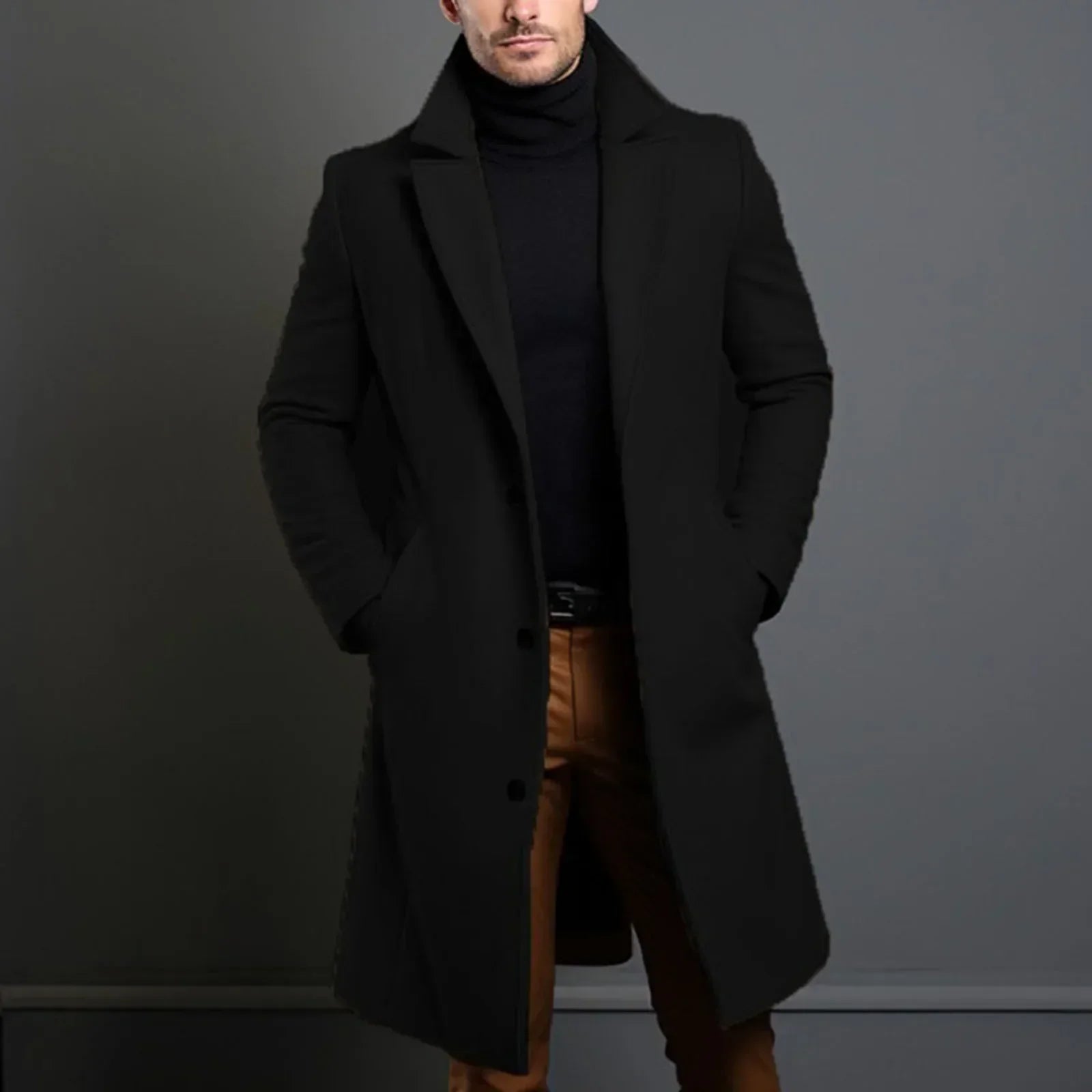 Warm And Comfortable Black Trench Coat For Men Long Sleeve Single Brea