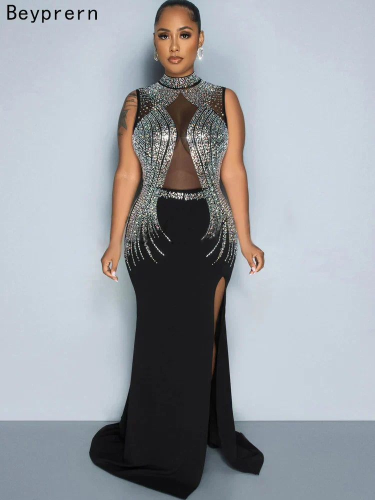 Beyprern Women's Black Mesh Bust Rhinestones DÃƒÆ’Ã†â€™Ãƒâ€šÃ‚Â©cor High Slit Maxi D