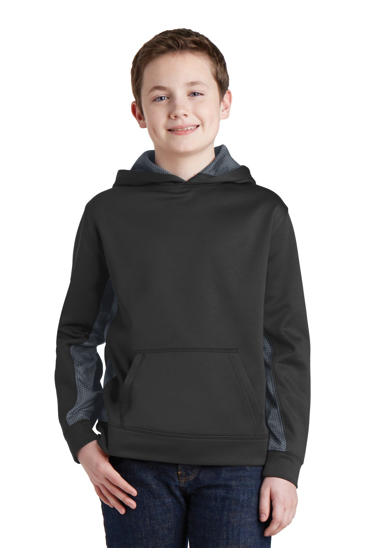 Sport-TekÂ® Youth Sport-WickÂ® CamoHex Fleece Colorblock Hooded Pullover.  YST239