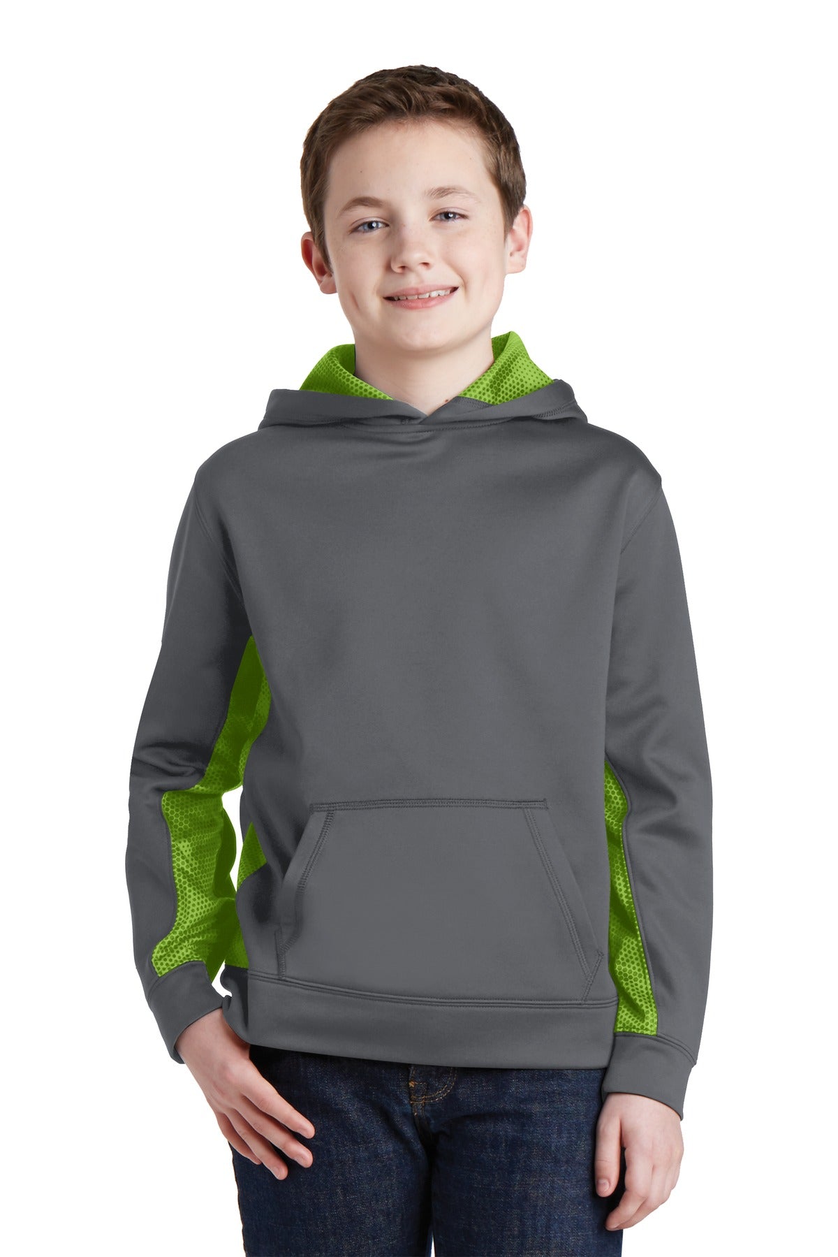 Sport-TekÂ® Youth Sport-WickÂ® CamoHex Fleece Colorblock Hooded Pullover.  YST239