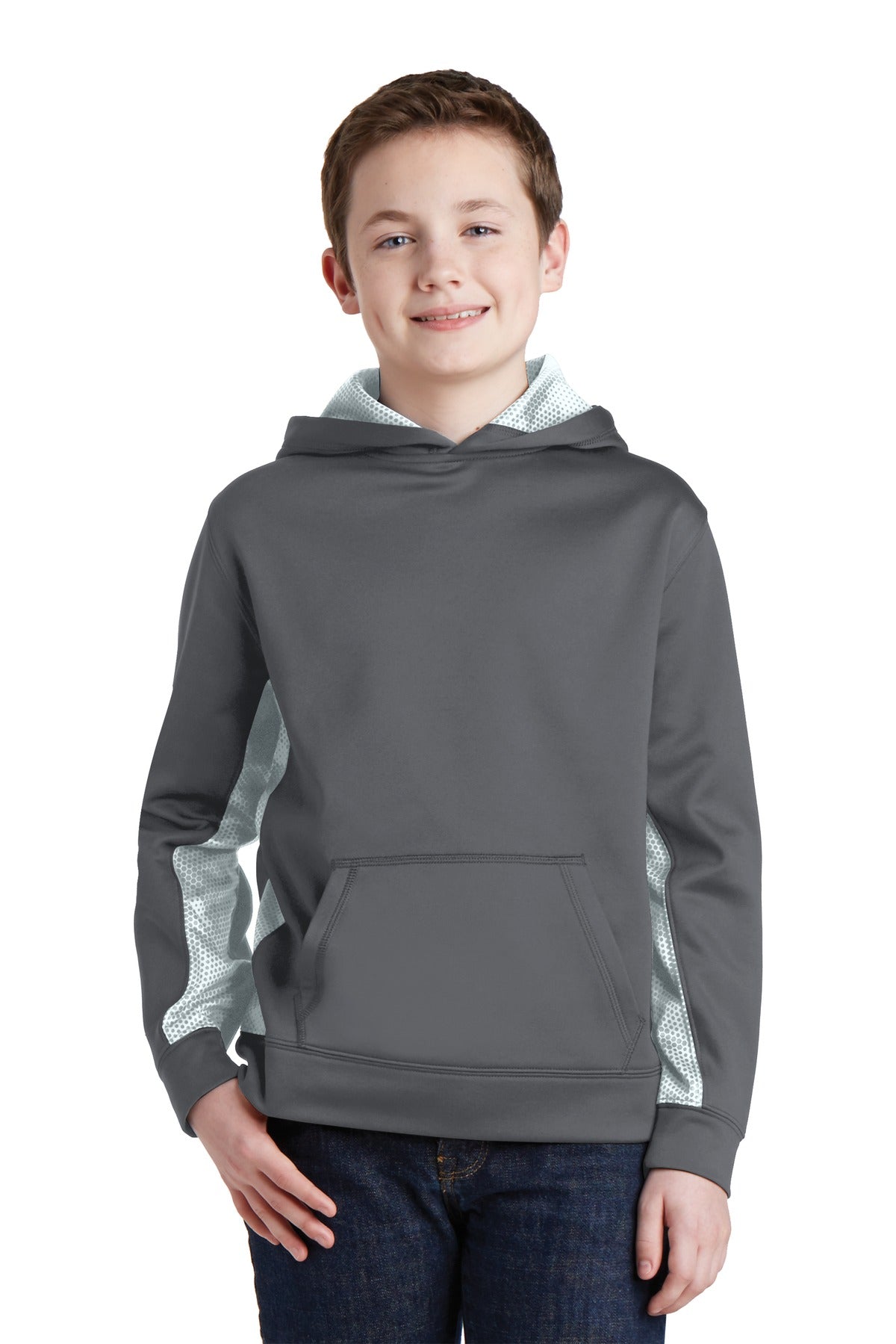 Sport-TekÂ® Youth Sport-WickÂ® CamoHex Fleece Colorblock Hooded Pullover.  YST239