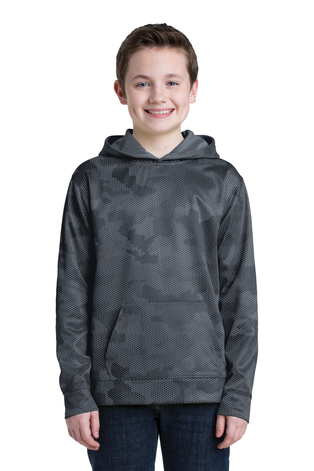 Sport-TekÂ® Youth Sport-WickÂ® CamoHex Fleece Hooded Pullover.  YST240