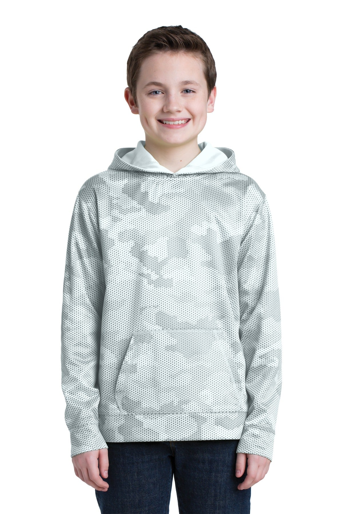 Sport-TekÂ® Youth Sport-WickÂ® CamoHex Fleece Hooded Pullover.  YST240