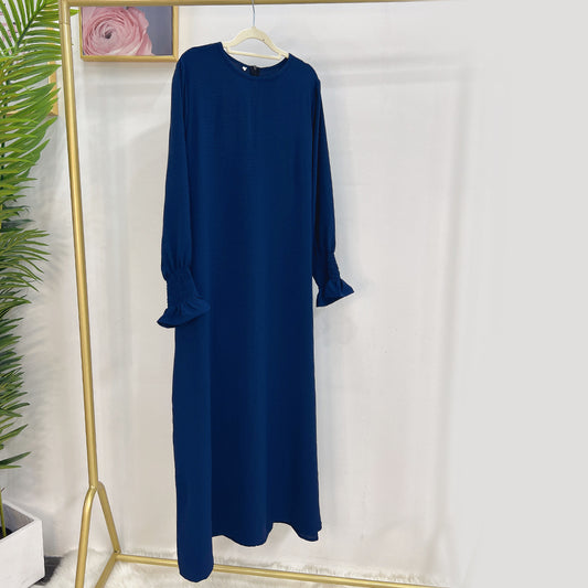 Under Abaya Inner Long Slip Dress Solid Color Smocked Cuffs Islamic Clothing Mu image 0