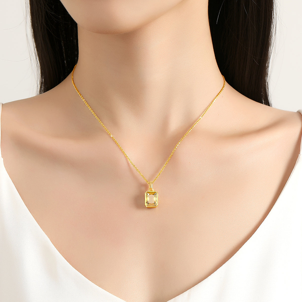 Szjinao 100% Real 18k Gold Necklace For Women 8*10mm Yellow Stone Rectangle Wit image 8