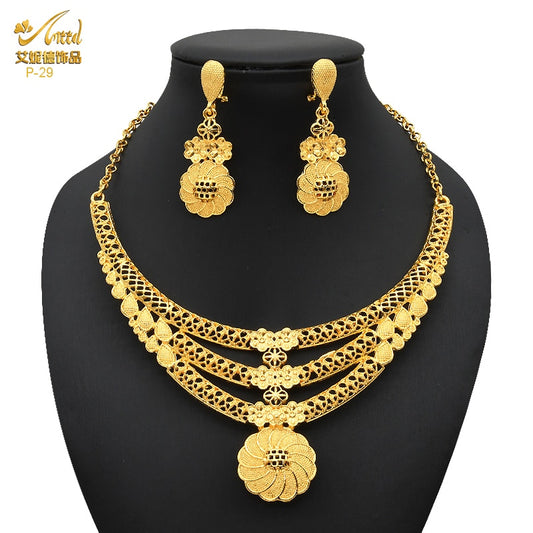 Indian Gold Plated Jewelry Set For Women African Bridal 24K Gold Color Necklace image 0