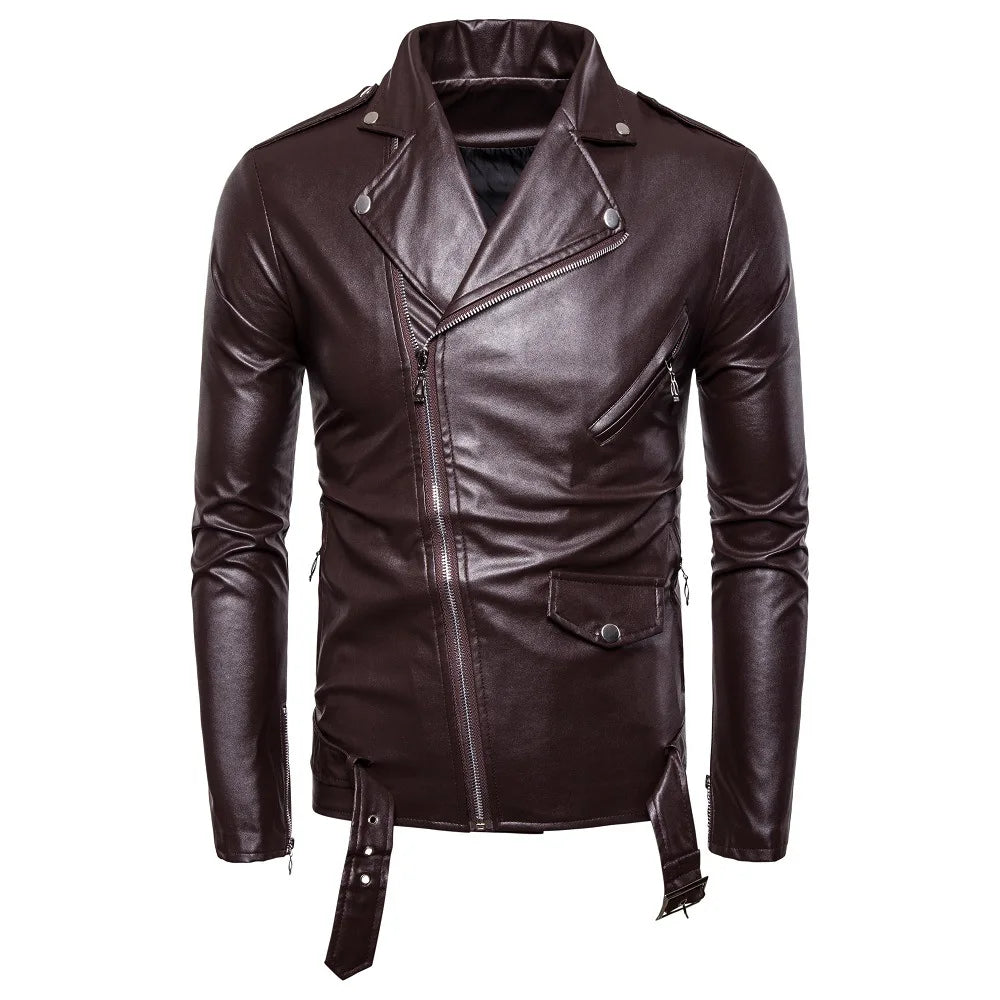 Mens Leather Jackets New White Black Casual Lapel Slim Fit Diagonal Zipper Moto image 3