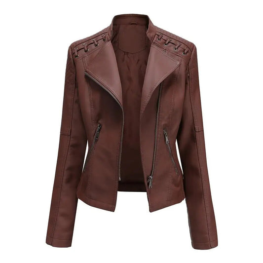 Women Fashion Lace-up Leather Jacket Slim Fit Spring Autumn Motorcycle Zipper J image 0