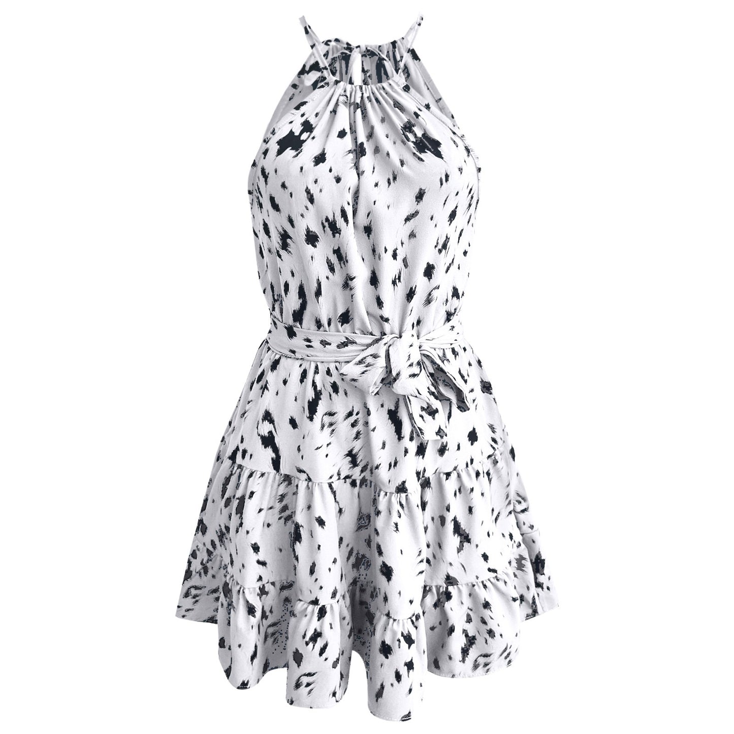 Casual Leopard Print Ruffle Hem Dress Hanging Neck Swing Mini Dresses For Weddi image 7
