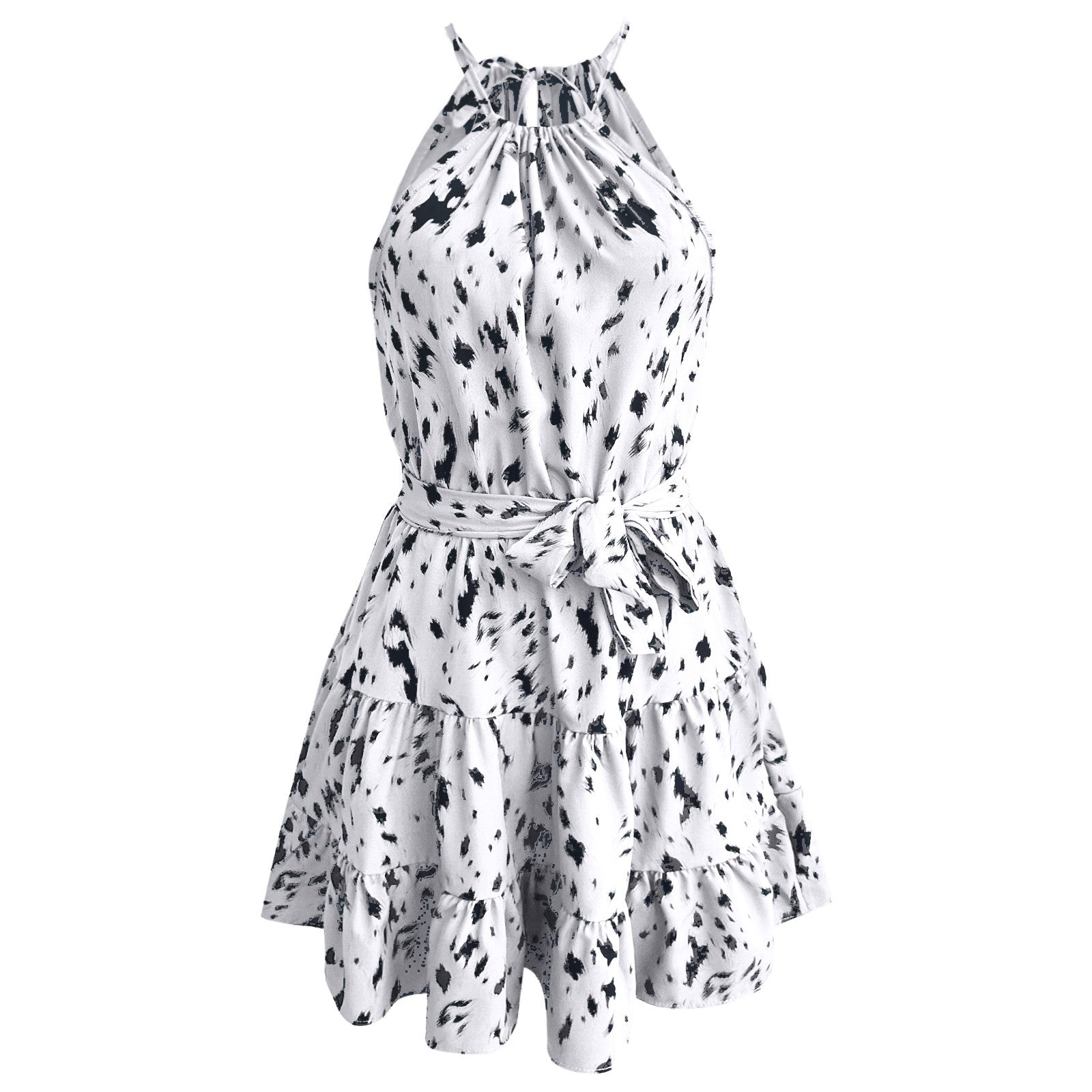 Casual Leopard Print Ruffle Hem Dress Hanging Neck Swing Mini Dresses For Weddi image 7