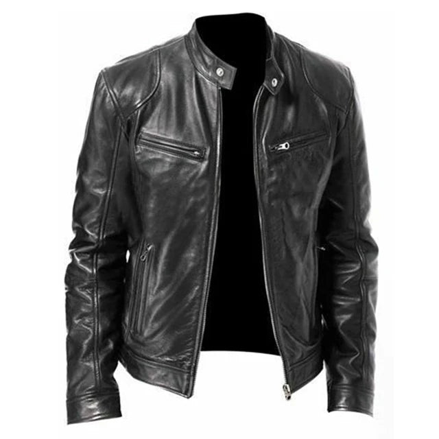2023 Mens Fashion Leather Jacket Slim Fit Stand Collar PU Jacket Male Anti-wind image 2