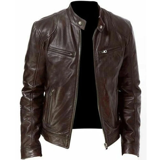 2023 Mens Fashion Leather Jacket Slim Fit Stand Collar PU Jacket Male Anti-wind image 0