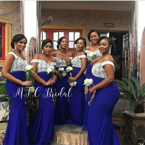 Wholesale African Bridesmaid Dresses 2019 Mermaid Royal Blue Elastic Satin Whit image 4