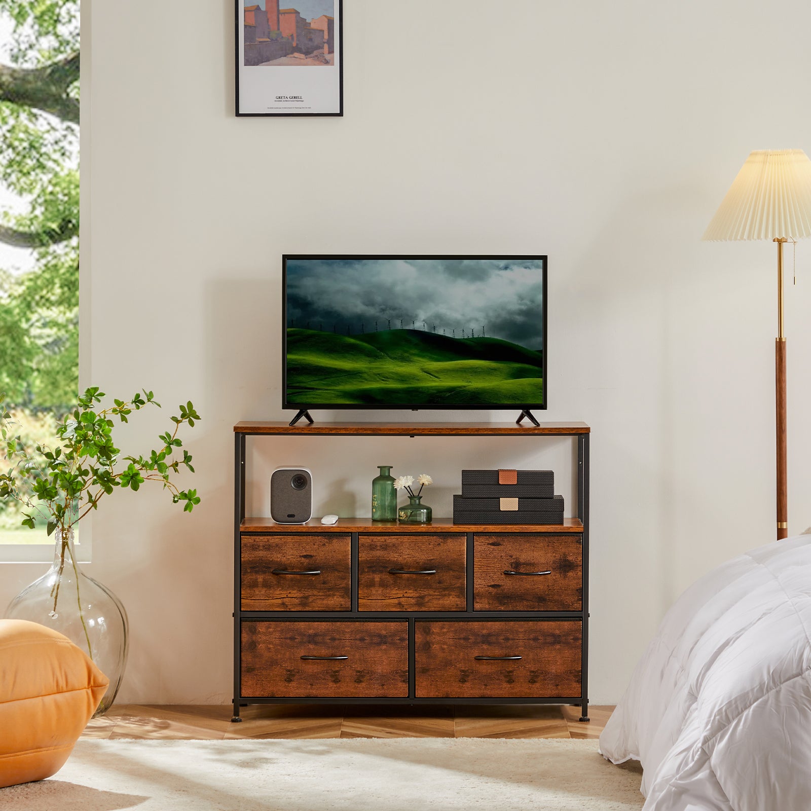JHK TV Stand Dresser For Bedroom With 5 Fabric Drawers Storage Closet Chest Clo image 0