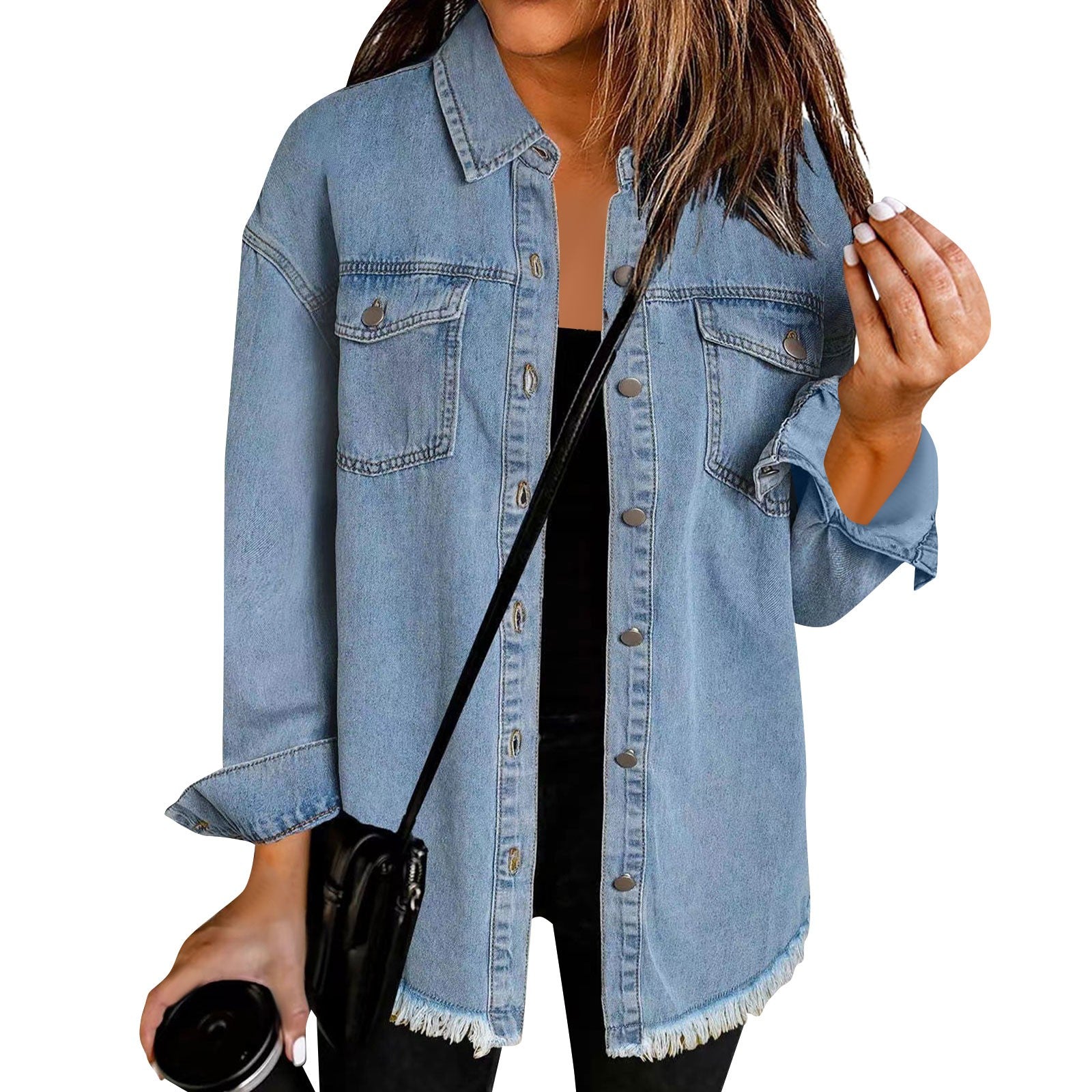 Women'S Fashion Denim Shirt Jacket Milled Hem Button Casual Long Sleeve Jacket  image 3