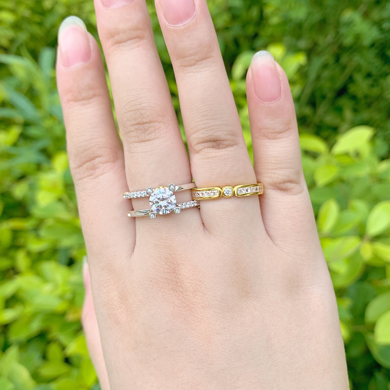 Newshe Multi Tone Yellow Gold 925 Sterling Silver Wedding Engagement Ring image 4
