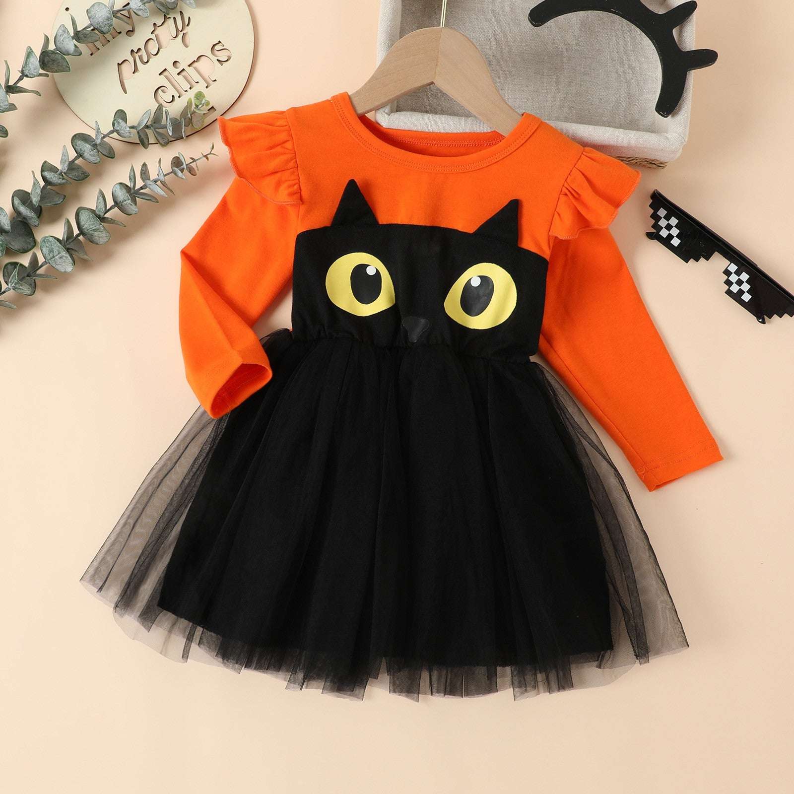 Toddler Kids Girls Infant Long Sleeve Cartoon Halloween Prints Mesh Tulle Princ image 0