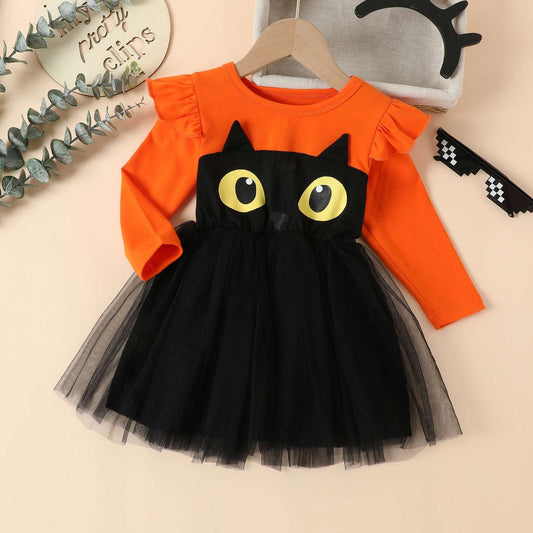 Toddler Kids Girls Infant Long Sleeve Cartoon Halloween Prints Mesh Tulle Princ image 0