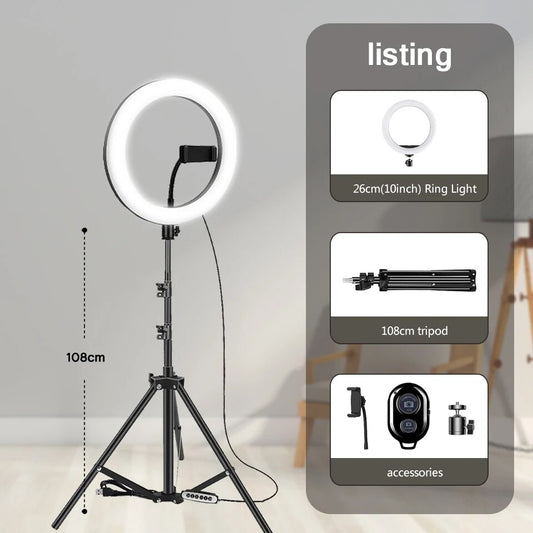 10" 26cm LED Selfie Ring Light Photography Video Light RingLight Phone Stand Tr image 0