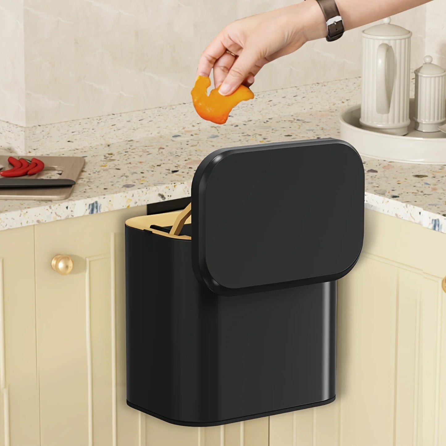 4L Stainless Steel Hanging Waste Bin with Lid - Wall Mounted Trash Can for Kitc image 1
