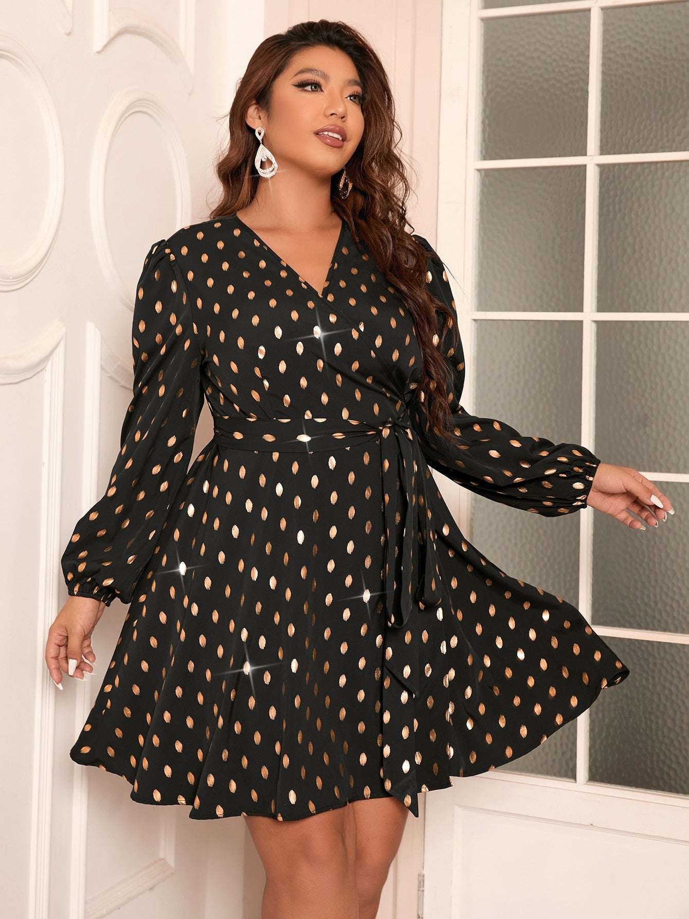 Finjani Plus Size Women's Dress Gold Print Surplice Neck Lantern Sleeve Belted image 1