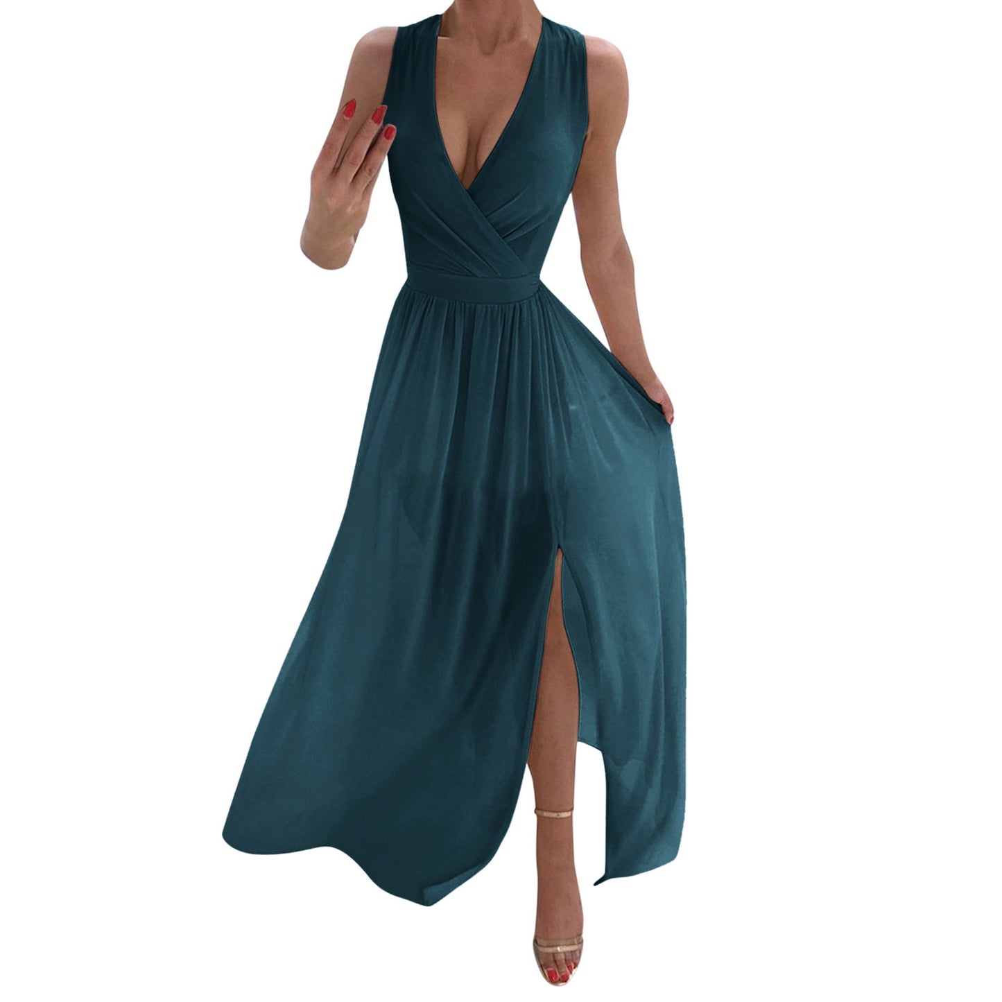 A-Line Waisted Sleeveless White Dress Ladies Deep V Neck Pleated Prom Dresses S image 4