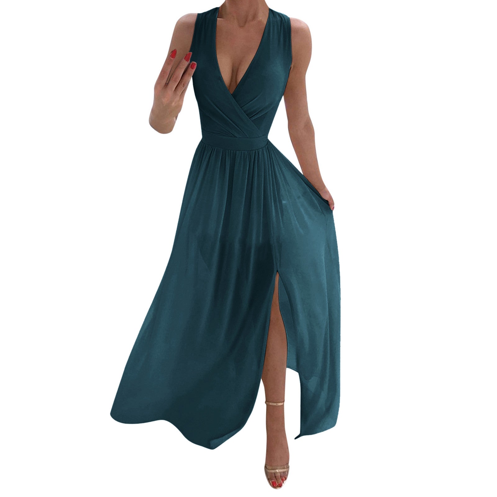 A-Line Waisted Sleeveless White Dress Ladies Deep V Neck Pleated Prom Dresses S image 4