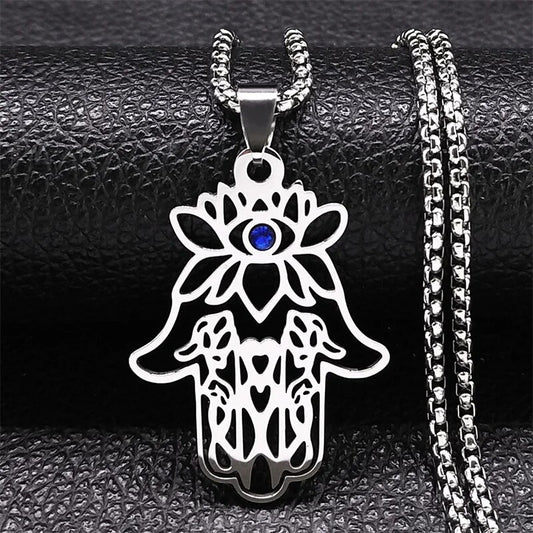Hamsa Hand Stainless Steel Necklace Gold Color Amulet Hand of Fatima Necklaces  image 0