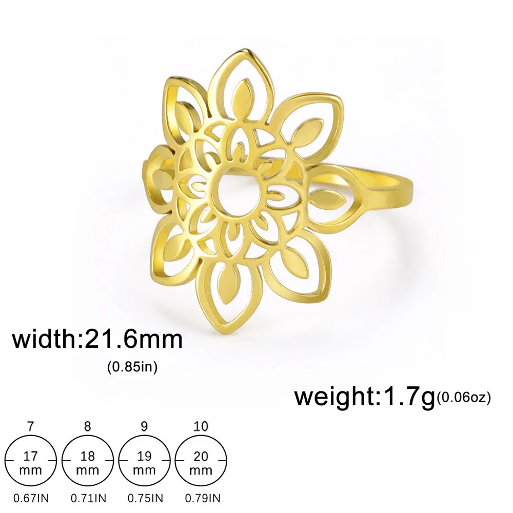 My Shape Lotus Mandala Flower Rings Women Stainless Steel Gold Color Finger Rin image 19