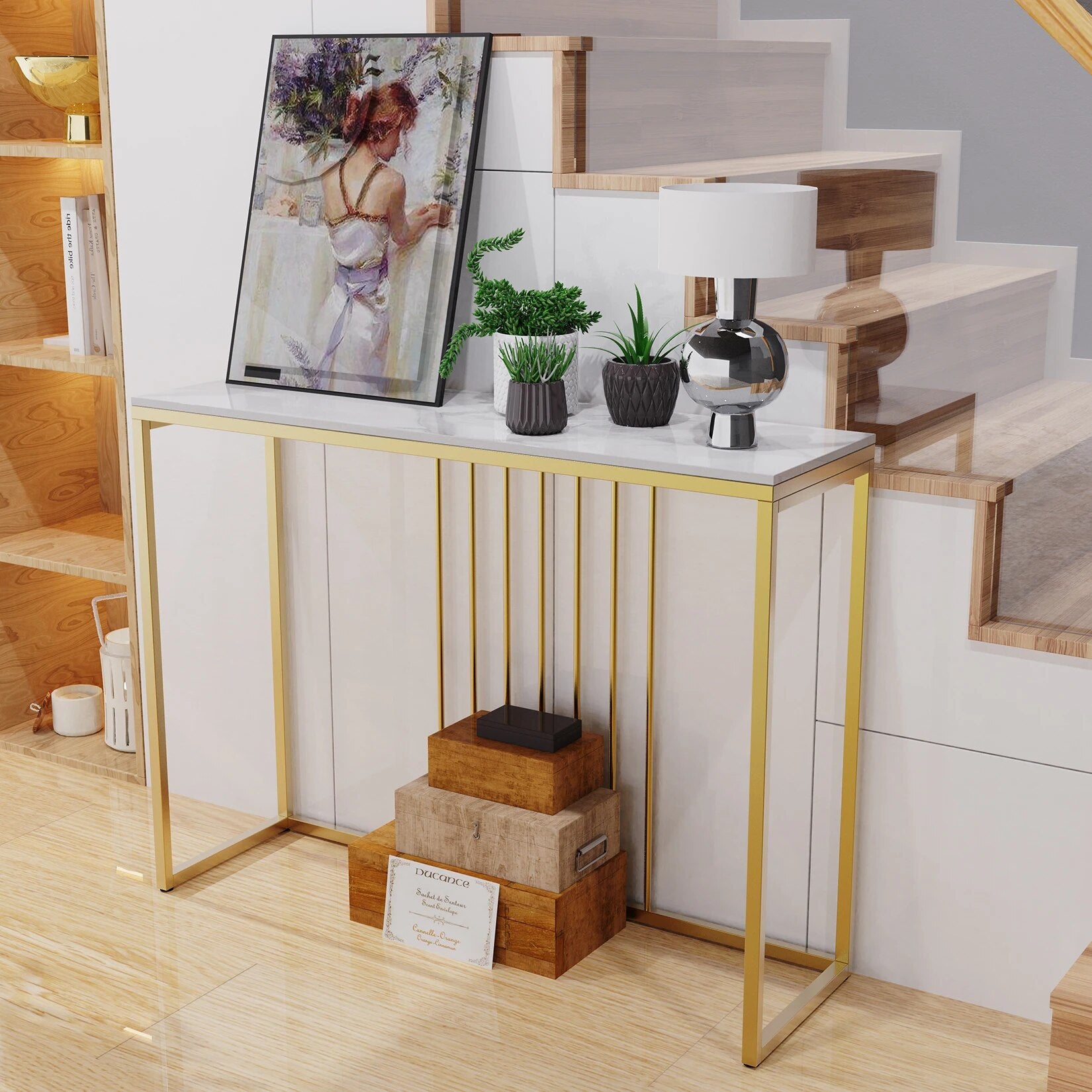 Modern Accent Console Marble Table Gold Metal Frame Storage Display Shelf Narro image 3