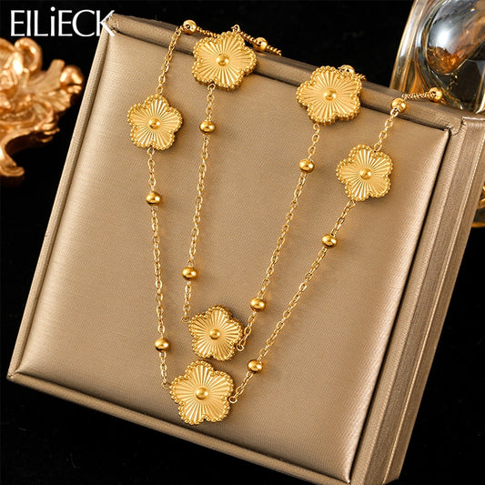 EILIECK 316L Stainless Steel Gold Color Flower Five-Leaf Clover Necklace For Wo image 0