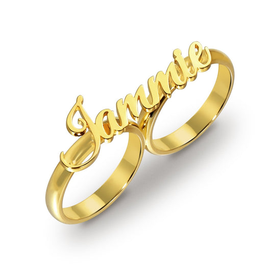Hot Sell Gold Plated Two Finger Personalized Custom Name Ring For Women Gift image 0
