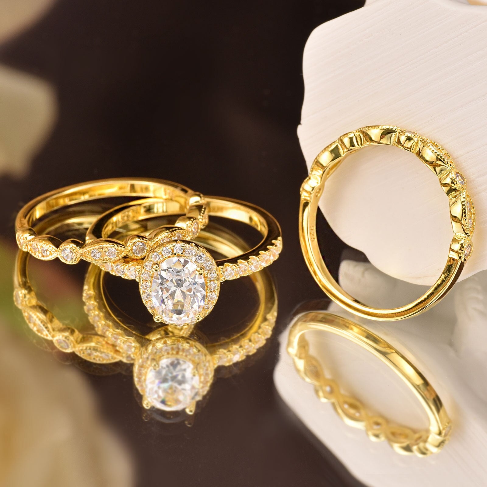 Newshe Yellow Rose Gold Engagement Rings For Women Bridal Set 925 Silver image 4
