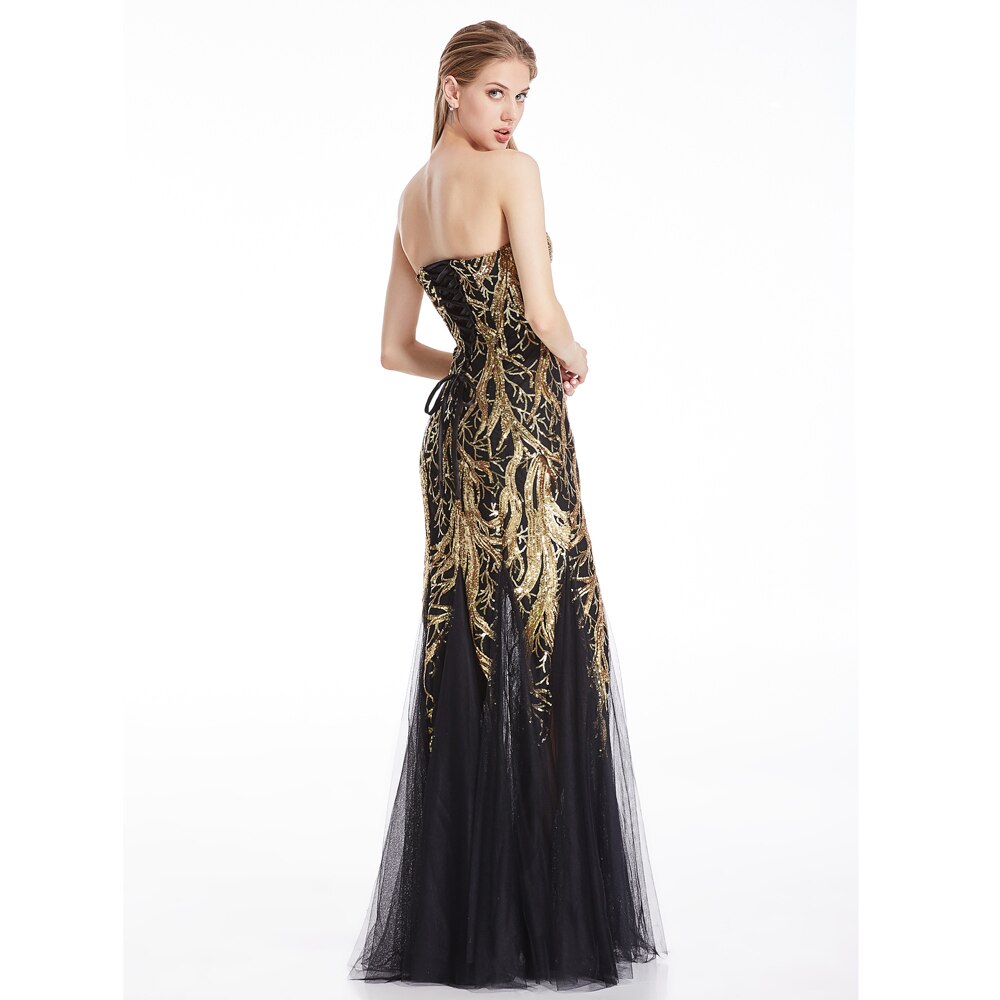 Angel-fashions Strapless Gold Sequin Zipper Side Evening Dresses Lace Up Back image 2
