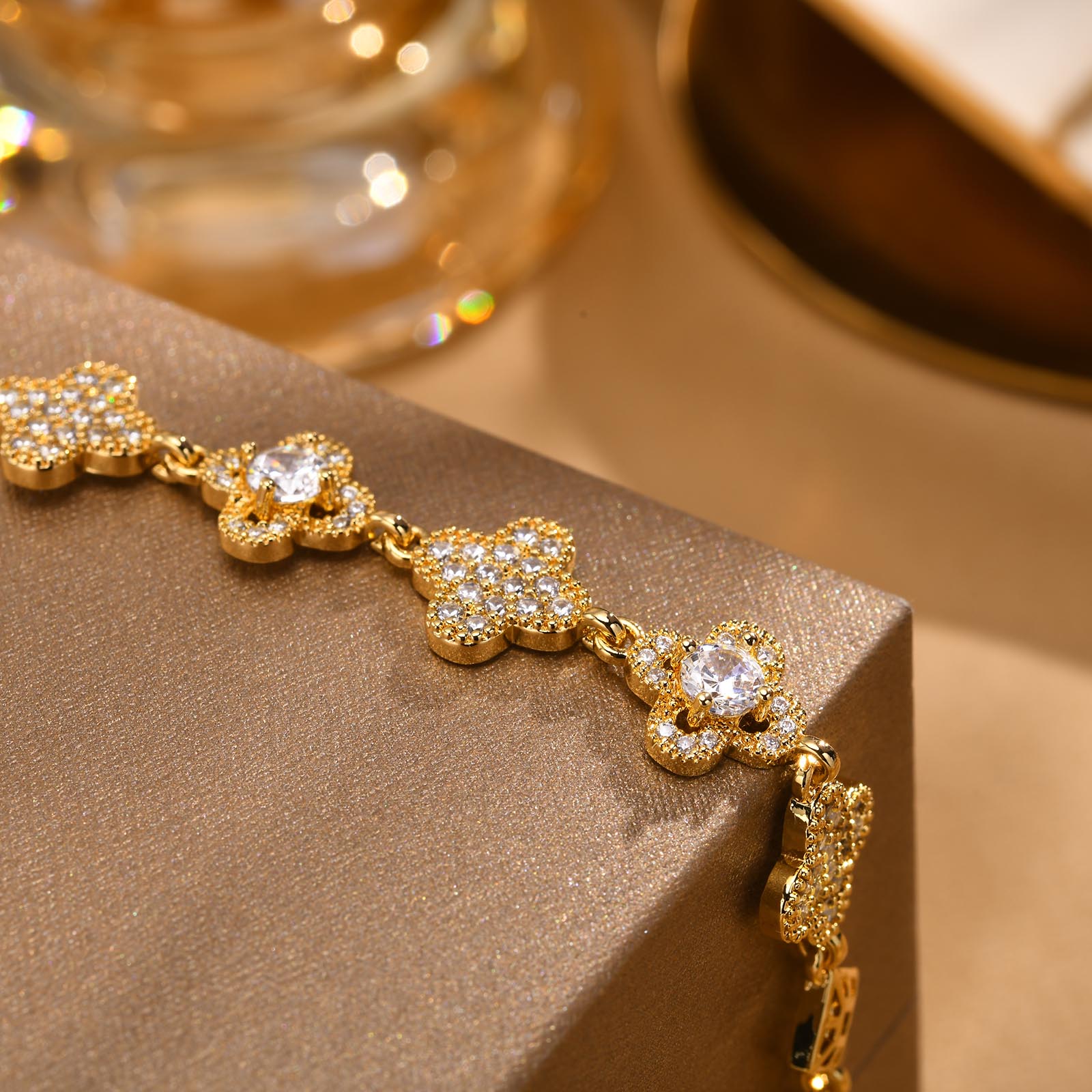 Cubic Zirconia Clover Bracelet for Women18k Gold Plated Link Statement Jewelry image 22