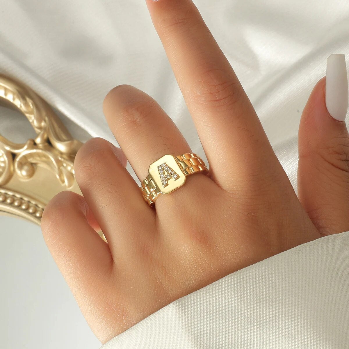 Trendy 18k Gold Plated AAA Zircon Hip Hop Adjustable  A-Z Letter Ring Watch Ban image 0