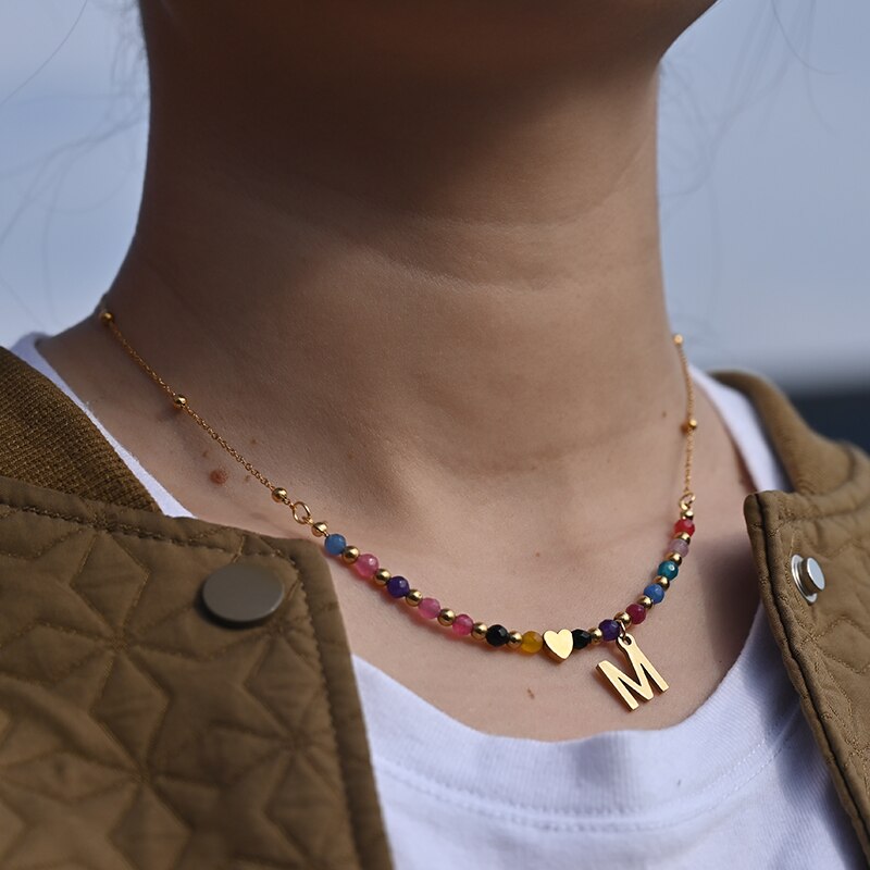 MOON GIRL Waterproof Gold Color Stainless Steel Heart Initial Necklace for Wome image 1