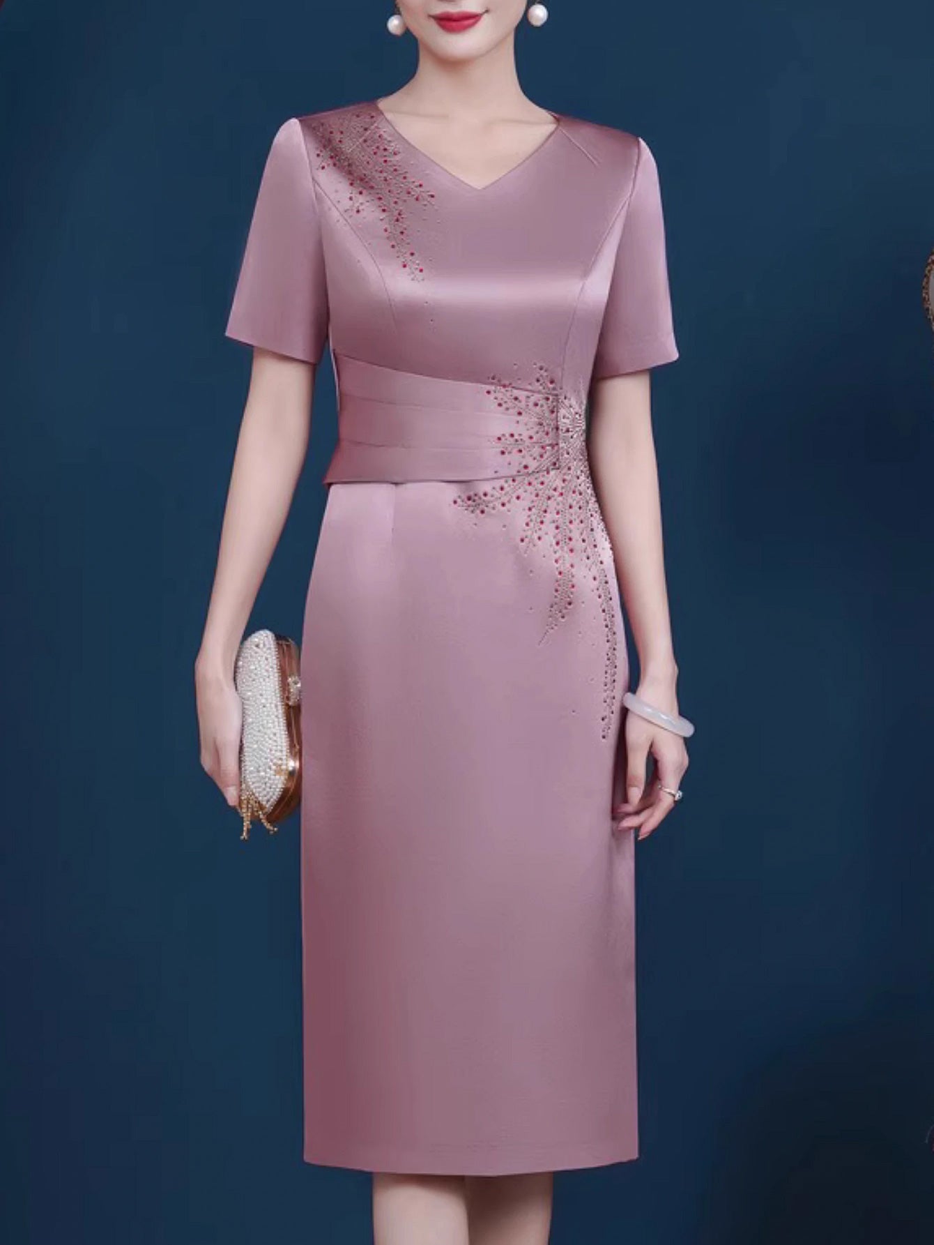 Elegant Short-sleeved V-neck Evening Dress, Dress For Women, Suitable For Weddi image 4